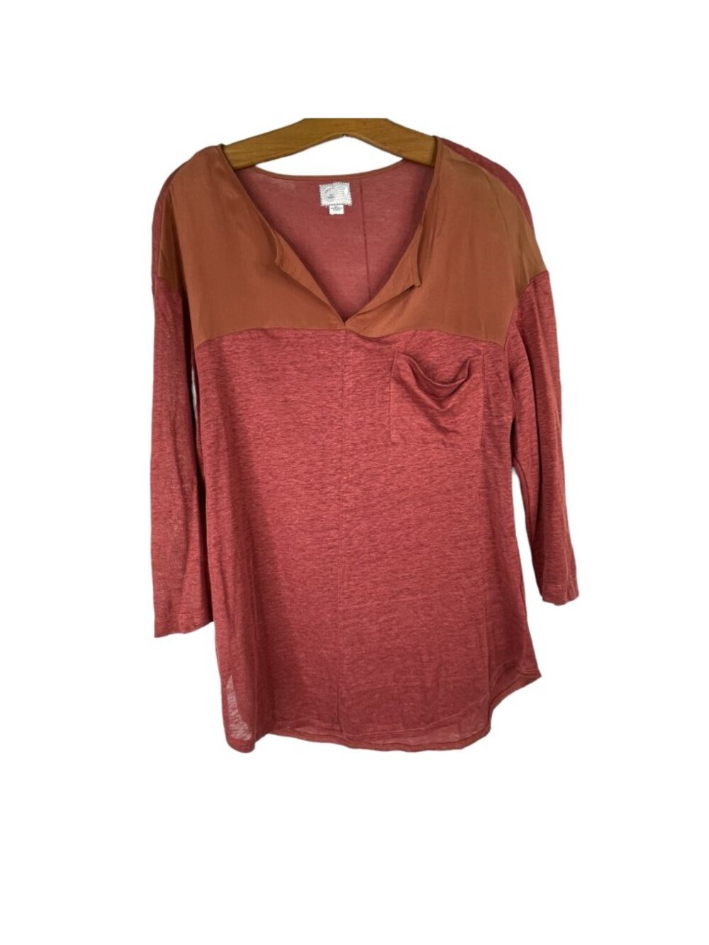 Anthropologie Postmark Linen Tunic Top XS 3/4 Sleeve Casual Red Pink Artsy